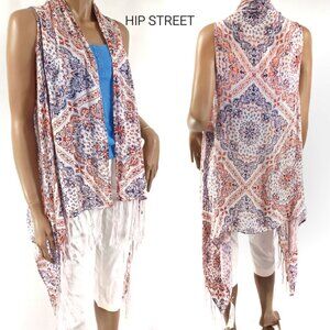 ARIAT India Block Print Fringed Long Sides Beach Pool Coverup Poncho One Size